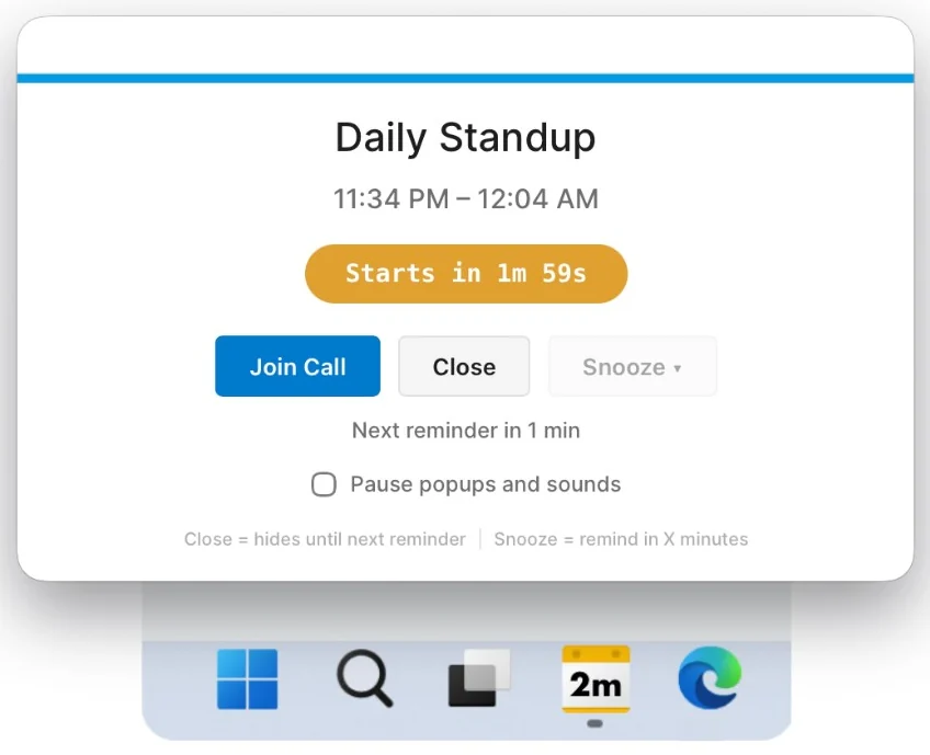 NextUp Alert popup reminder for a Daily Standup meeting showing a yellow “Starts in 1m 59s” countdown with Join Call, Close and Snooze buttons, above a Windows taskbar whose NextUp icon reads 2m.